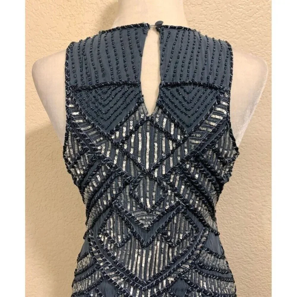 Parker NY Allegra Silk Beaded Sequin Blue Dress